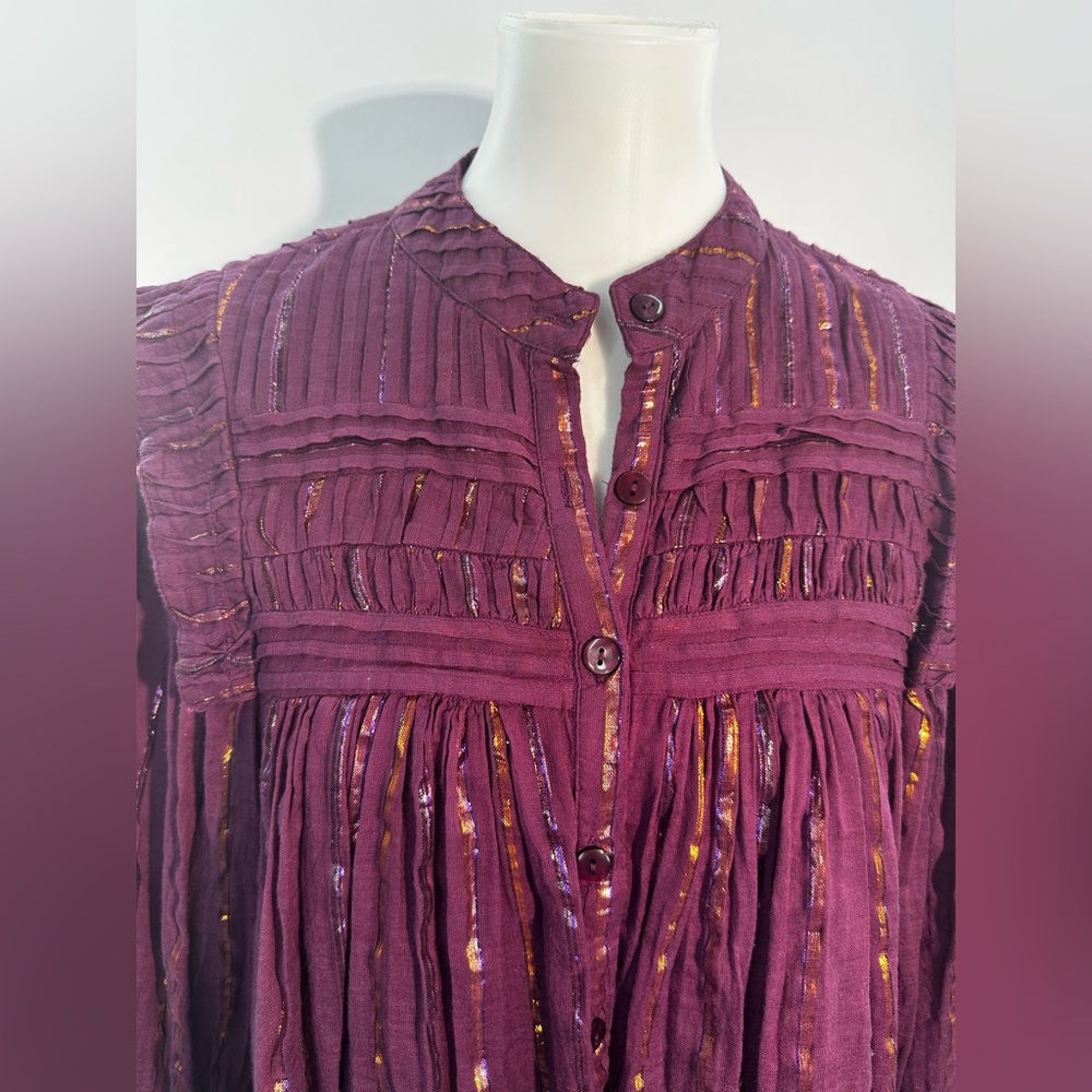 Farm Rio Burgundy Pleated Yoke Metallic Stripe Long Sleeve Button Blouse XS - Picture 7 of 11